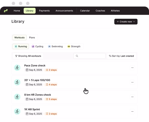 Prebuilt workout list filtered by sport in the EndoGusto library
